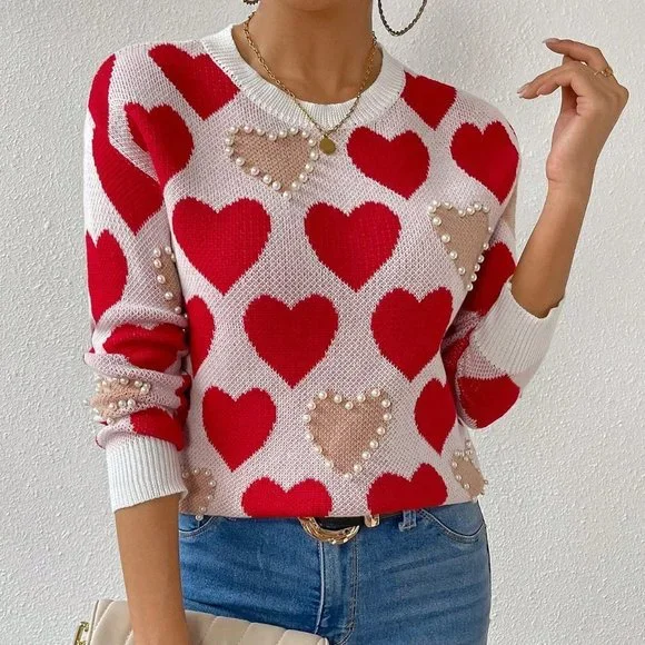 Red Casual Womens Heart Embroidery Beaded Pullover Sweater - Picture 4 of 5